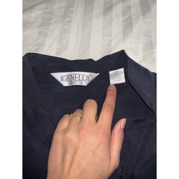 VINTAGE MENS GENELLI Black Monotone SILK SHIRT NEHRU COLLAR 2XL Short Sleeved - Picture 5 of 8